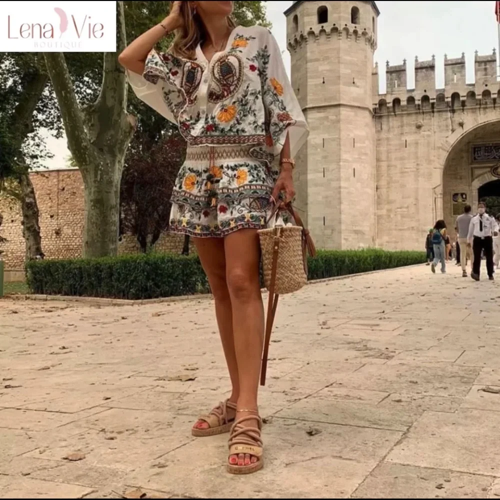 Boho Summer Embroidered Flared Kimono 2 Piece Skirt Set, Cotton Floral Koi Print - Picture 2 of 11